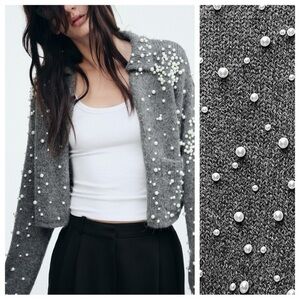 Zara Charcoal Blazer with Pearl Accents